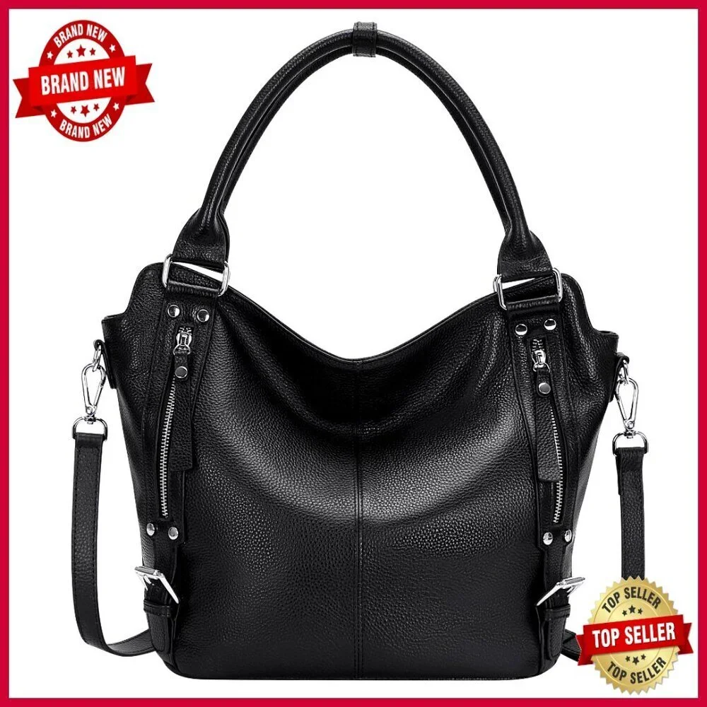 Large Genuine Leather Hobo Tote Shoulder Bag with Multiple Pockets